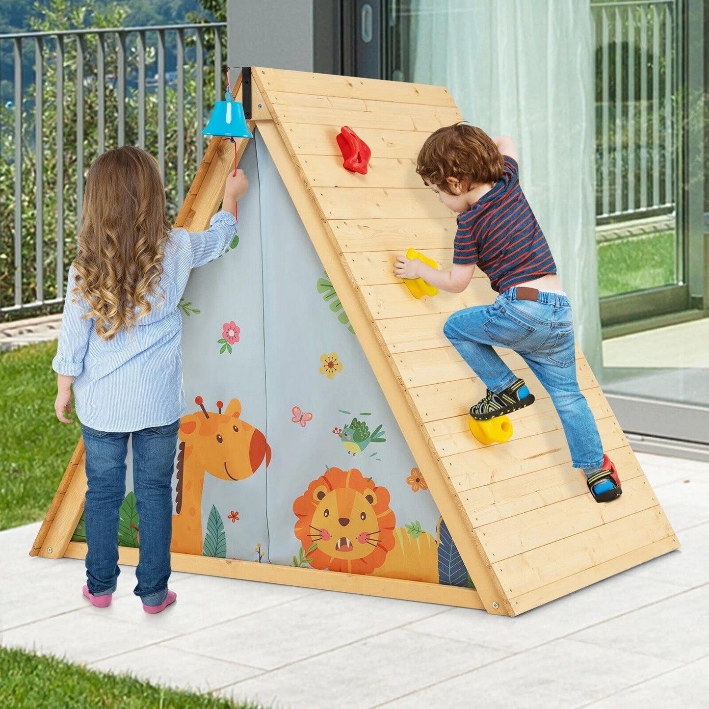 2-In-1 Children Climbing Playhouse with Front Bell and Window